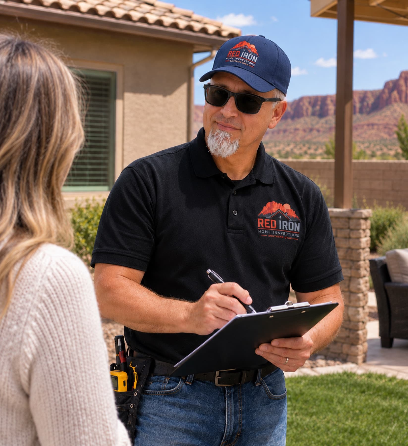 Jason talking through inspection findings with a homeowner, red rock cliffs behind