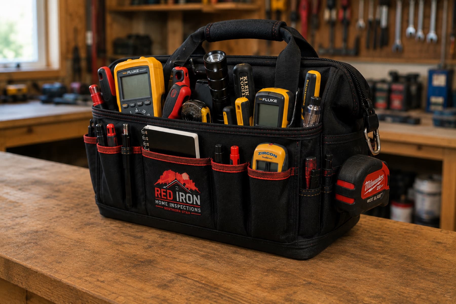 Red Iron inspection tool bag loaded with testing equipment